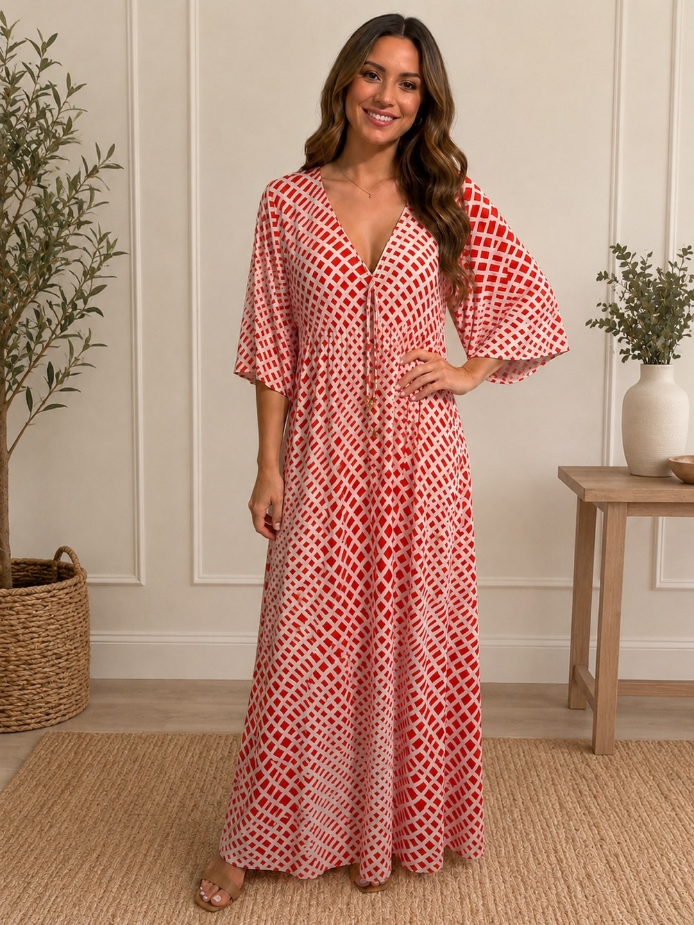 Red Geo-Print V-Neck Maxi Dress with Tie Waist